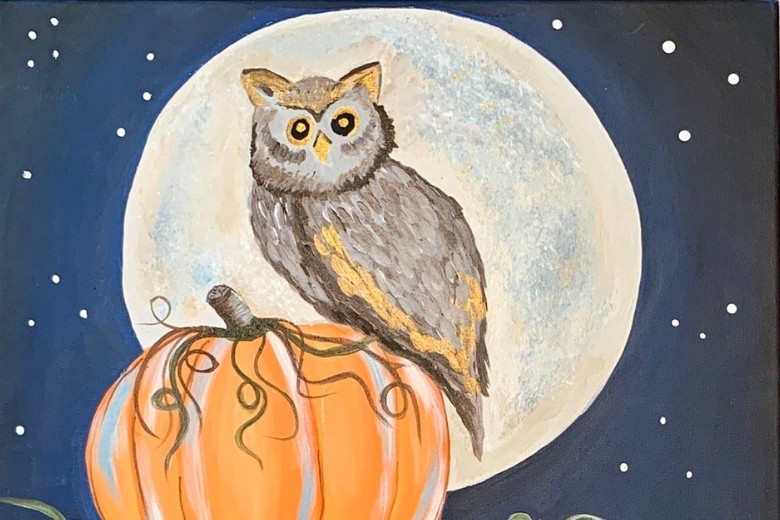 whimsical fall owl painting with pumpkins 780x520