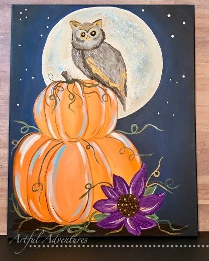 whimsical fall owl painting with pumpkins