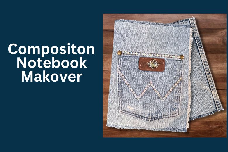Denim-covered composition notebook featuring a functional jean pocket, rhinestone embellishments, and frayed denim edges on the front cover