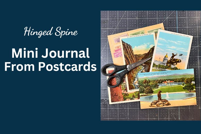 Hinged spine mini journal from postcards with vintage postcards, scissors, and postage stamps