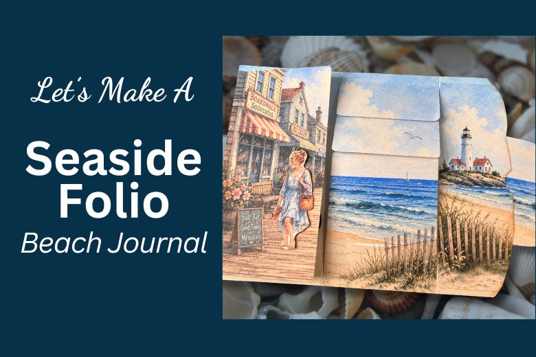 Interactive seaside folio made with Seaside Getaway printables featuring a beach boardwalk, ocean waves, lighthouse pocket, layered flaps, and coastal journal design.