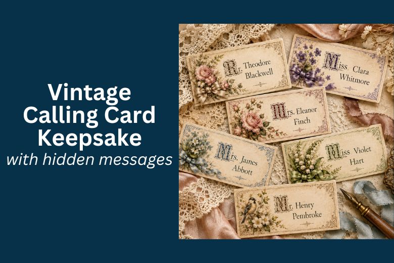 Vintage calling card keepsake with friendship cards, hidden messages, and lace pocket.