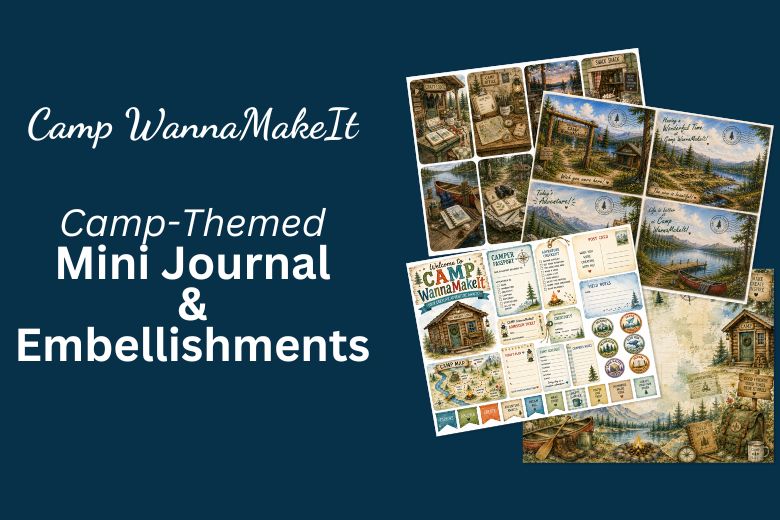 Camp WannaMakeIt Camp-Themed Mini Journal and Embellishments featuring printable postcards, camp ephemera, scenic papers, and a free Welcome Pack.