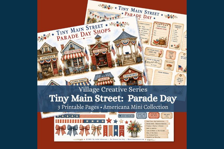 Tiny Main Street Parade Day Americana mini collection featuring patriotic village shops, story layers, and printable paper crafting embellishments