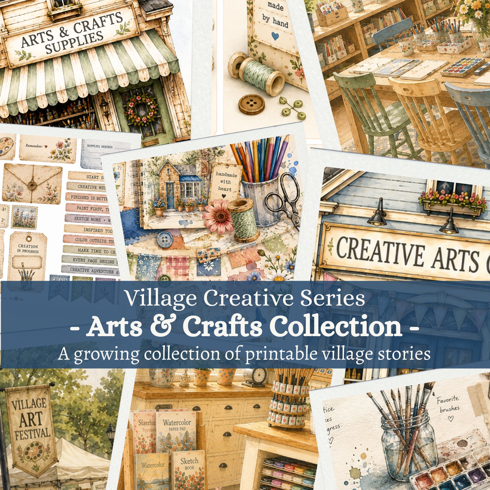 Arts and Crafts printable collection collage from the Village Creative Series featuring watercolor buildings, creative interiors, village friends, papers, story layers, and art-inspired elements